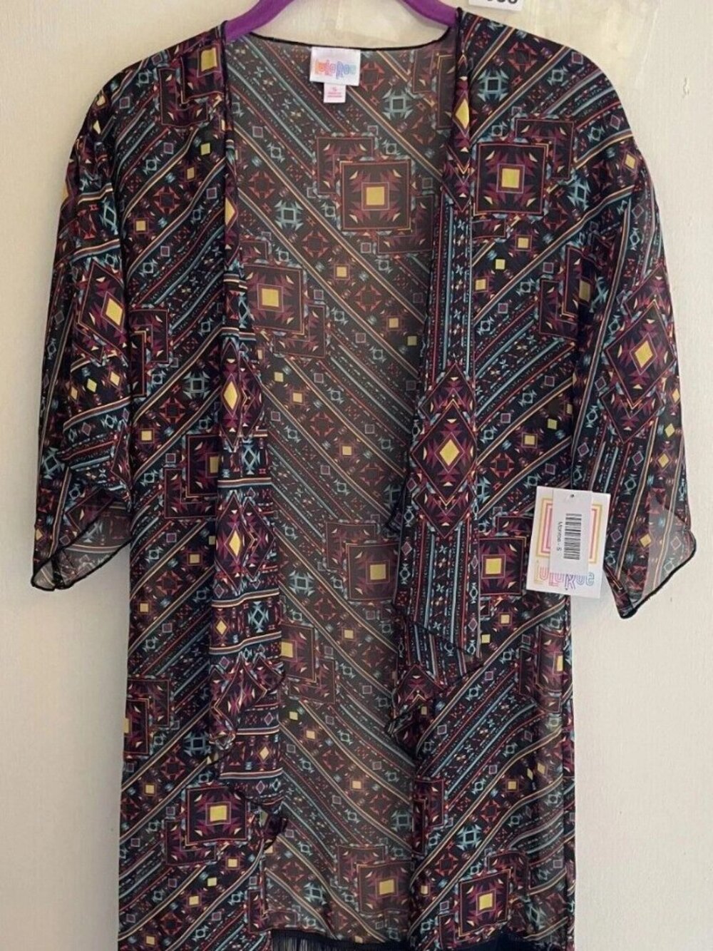 LuLaRoe Monroe Small Kimono Black Burgundy Sheer Fringe NWT
